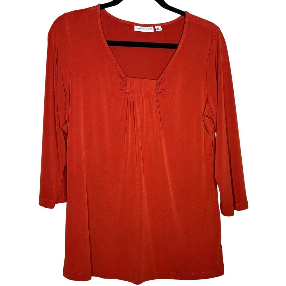 Susan Graver Liquid Knit 3/4 Sleeve Burnt Orange Pleated Blouse Top Size Medium